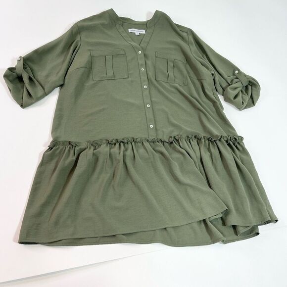 Emma & Michele Shirt Dress Women's 2X Olive Green Roll Tab Cuff Ruffled Mini NWT - Picture 1 of 9